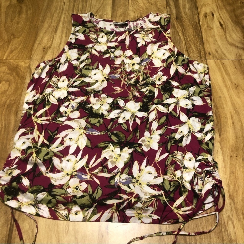 3/$25 J Jill Floral Cotton Spandex Sleeveless Tank Ruched Side Tie Wrap Large
